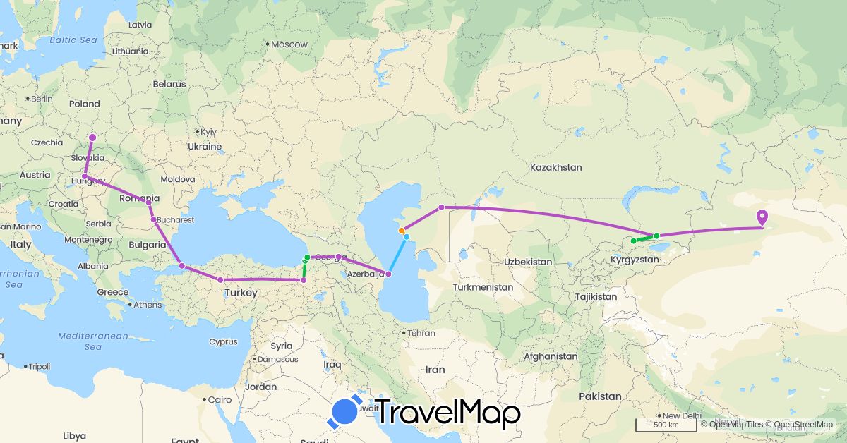 TravelMap itinerary: driving, bus, train, boat, hitchhiking in Azerbaijan, China, Georgia, Hungary, Kyrgyzstan, Kazakhstan, Poland, Romania, Turkey (Asia, Europe)